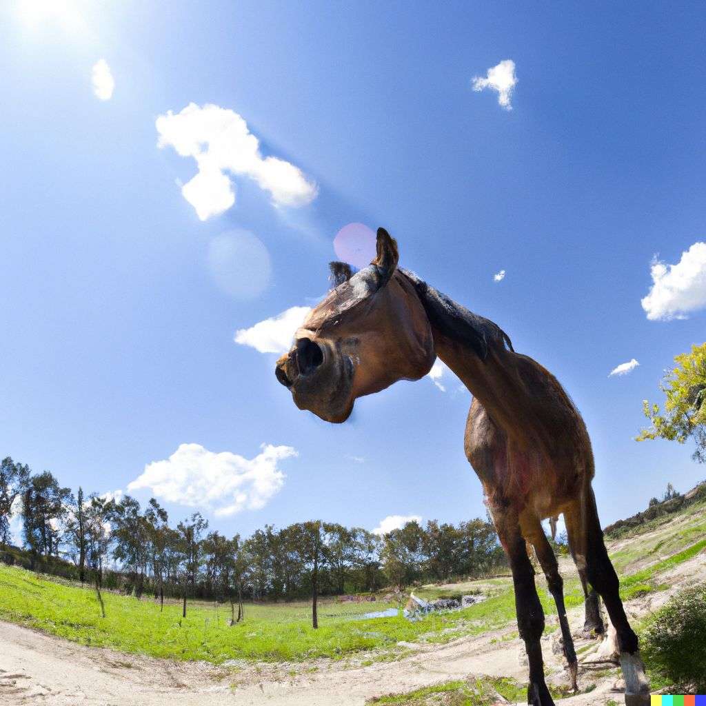 a horse, photograph taken with a fisheye lens, 10mm
